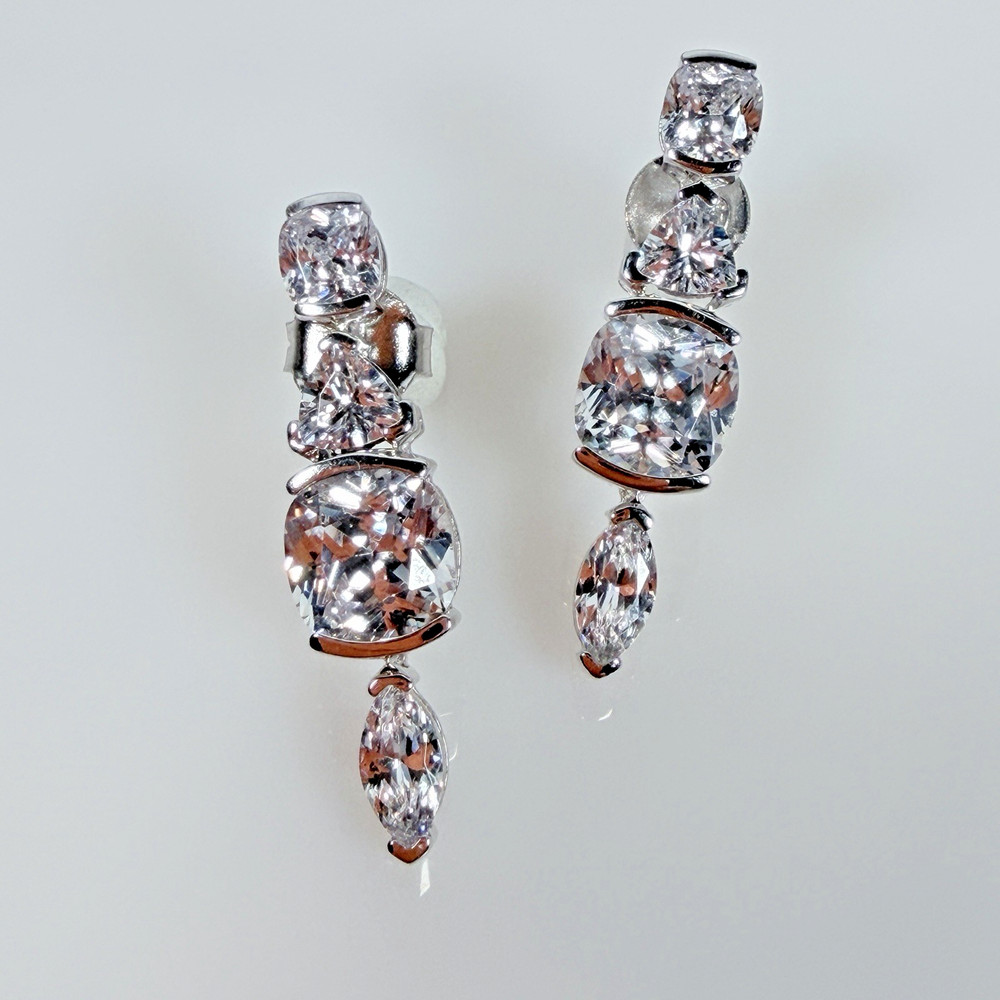 Sterling Silver CZ Drop Dangle Earrings Cushion Marquise Triangular 1.25″ SJ 925