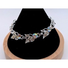 Vintage AB Rhinestone Leaf Bracelet Silver Tone Floral Link Mid Century Jewelry
