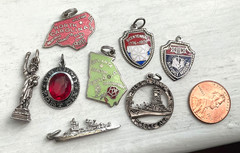 Vintage Enamel Sterling Charms USA STATE MAPS MILITARY USS ALABAMA MISS LIBERTY