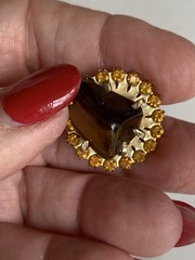 Vintage Flower 2.5” Pin & 1” ER W/ Natural Tigers Eye Stone & Gold Rhinestones