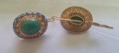 Vintage Gold Gilt Sterling Silver Turquoise Blue Enamel Dangle Earrings Jewelry