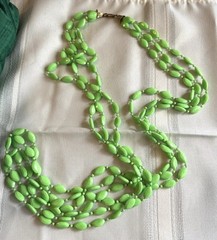Vintage Plastic Lime Green Triple 3 Strand Necklace Metal Clasp Jewelry Summer