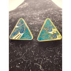 Vtg Artisan Fish Earrings Cloisonné Enamel Gold Signed 80s-90s Ocean Coastal