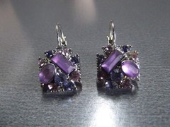 1 Pair Old .75″in Purple Glass or Rock Square w/Mixed Size Stones Dangler Clip