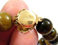 Solid 14k Yellow Gold Flower Clasp 10mm Tiger Eye Round Knotted Beads Bracelet