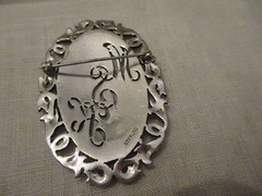 Antique, vintage sterling silver large marcasite monogram brooch pin, Pendant