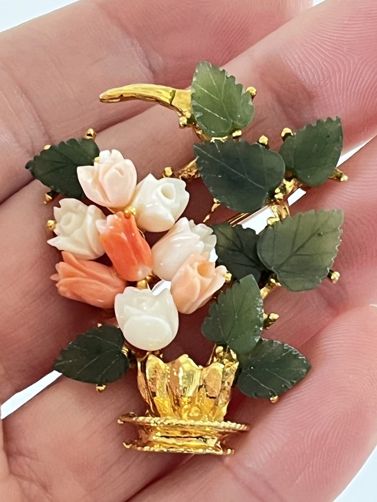 Vtg Signed SWOBODA Flower Basket Pin Brooch w/ Carved Natural Coral and Jade