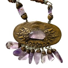 Vintage Artisan Amethyst Stone Polymer Clay Leather Statement Pendant Necklace