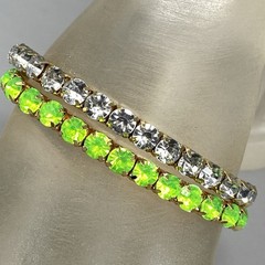 Rhinestone Stretch Bracelet Lime Green Clear Acrylic Prong Set Gold Tone 7″