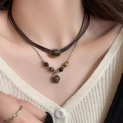 Vintage Leather Brown Stone Pendant Necklace Women’s Retro Stacking Choker