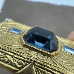 Vintage Rectangle Gold Tone With Blue Glass Rhinestones Pin Brooch
