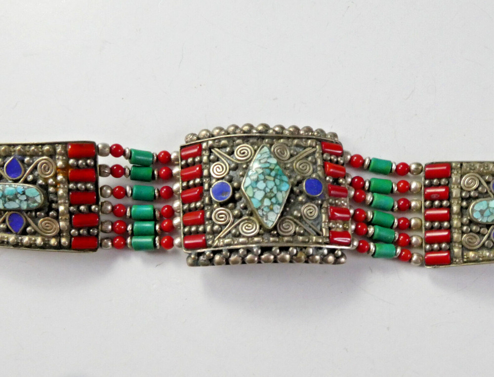 Southwestern Metal & Beaded Bracelet Coral Turquoise Lapis Silver Plated Heavy