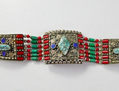 Southwestern Metal & Beaded Bracelet Coral Turquoise Lapis Silver Plated Heavy