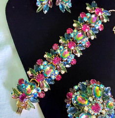 Juliana Rhinestone BRACELET BROOCH EARRING SET Book Pcs Watermelon Vitrail Rare