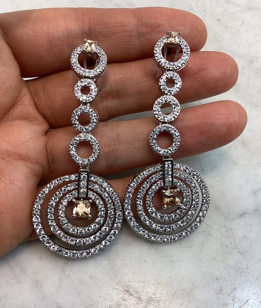 Vintage JJJ Signed Circle Sterling Silver CZ Champagne Drop Dangle Earrings