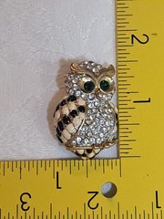 Vintage Goldtone Enamel Rhinestone Green Eyed Owl Brooch