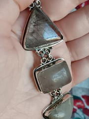 Vintage Silver Rutilated Quartz Triangle Shaped Stones Link Bracelet 8″