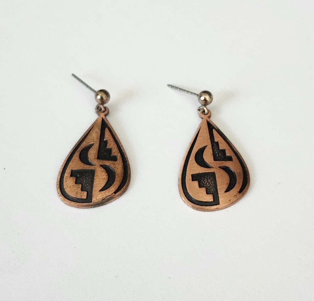 1980s WM Wheeler CO Southwestern Moon Design Copper Earrings Black Niello Signed