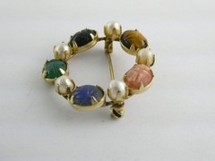 Vintage 1/20th 12k Gold Fill Faux Pearl and Semi Precious Gem Scarabs Circle Pin