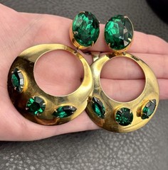 Massive Huge 80s Runway Vintage Green Crystal Dangle Hoop Statement Earrings