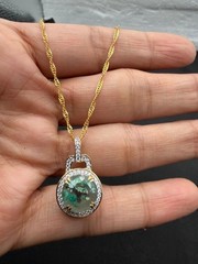 JTV Foil Glass Silver 925 Pendant Necklace Green Aventurine Flake Gold Tone 19″