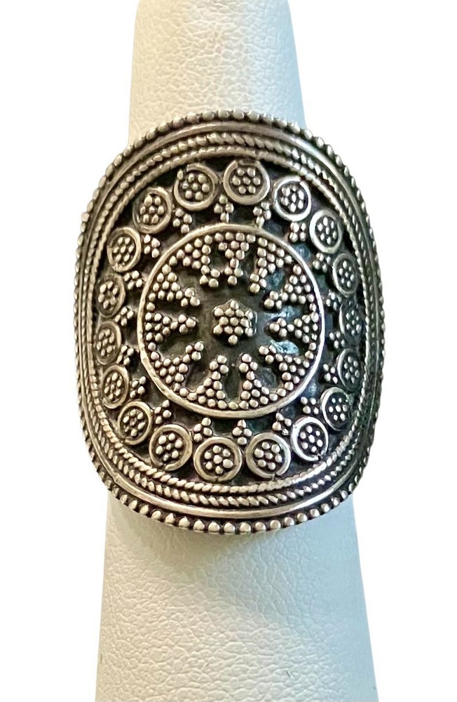 Vintage Sterling Silver Large Boho Ethnic Tribal Shield Statement Ring Size 6.5