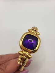 Vtg JOAN RIVERS Clamper Bangle Bracelet Goldplate Rope Design Purple Glass Stone