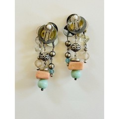 VTG Button Earrings Dangle statement Chunky Silver Pink Lucite Clip 1990s Rare