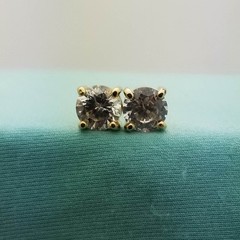 CZ Stud Earrings in Yellow Metal Settings, 5.2mm Each, Large Solitaire, Vintage