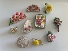 VTG Floral Brooch Lot Ceramic Roses Enamel Daisy Tile 10 Pc Flowers Pink Yellow