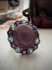 Hex Pink Sapphire Cabochon Ring. Topaz and Amethyst accents