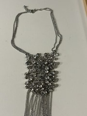 Vintage Silver Toned Bib Necklace with Multiple Rhinestones & Tassels