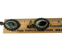 VTG GREEN RHINESTONE NECKLACE EARRINGS MARQUISE SHAPED ART DECO GOLD TONE CHAIN