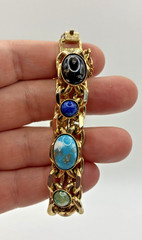 Vintage Bracelet Chunky Gold Tone Multi Color Cabochon Curb Link Safety Chain