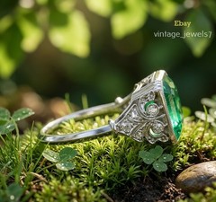 Real Green Emerald 4CT Asscher Cut Vintage Wedding Ring 14K White Gold Finish
