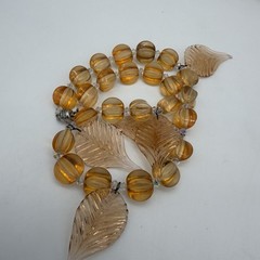 Vtg Art Glass Necklace Amber Citrine Molded Leaves Charm Mellon Beads Read