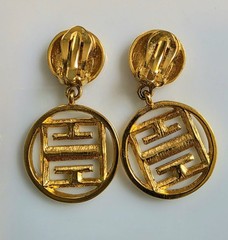 Vintage Givenchy 4G Logo Dangle Drop Clip On Earrings Gold Tone 1980s Signed
