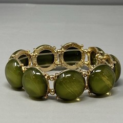 Olive Stretch Bracelet Acrylic Cabochons Gold Tone Sheen Metal Chunky Retro 7″