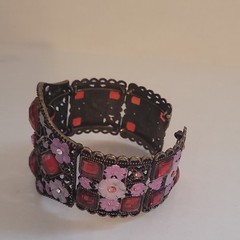 Vintage Style Wide Cuff Bracelet Bronze Tone Red Rhinestones Pink Floral