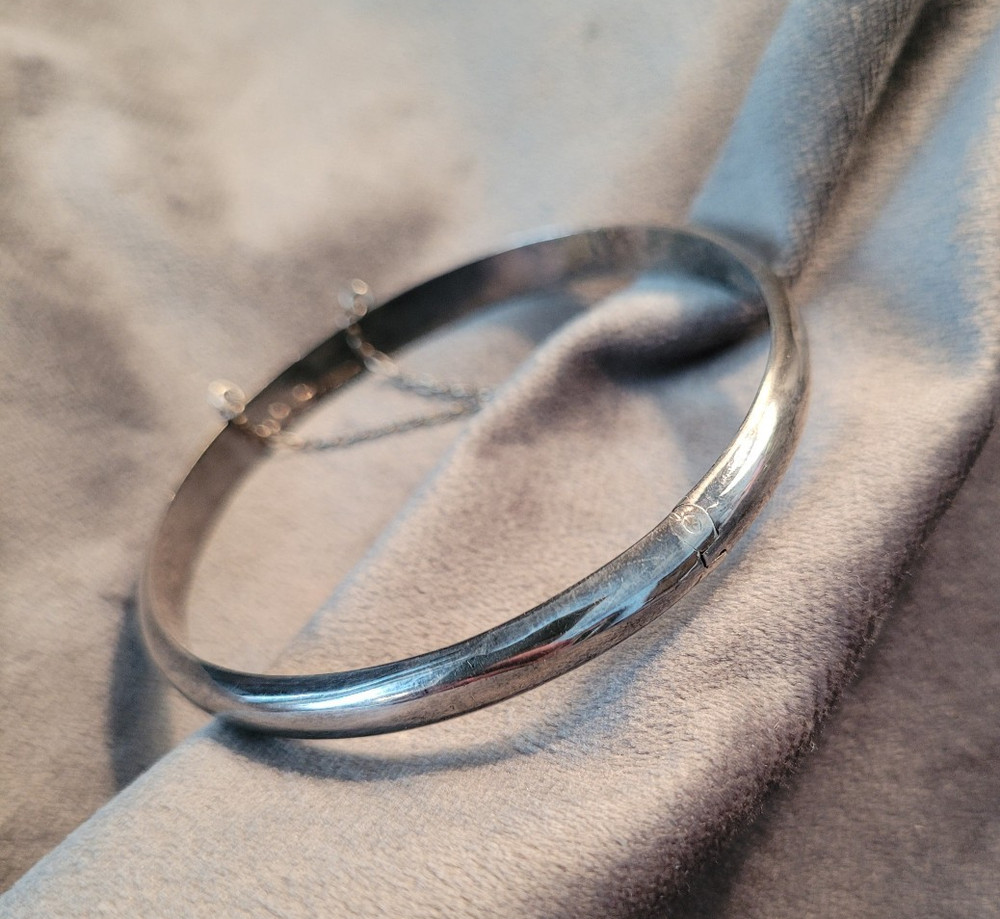 Vintage 925 FAS Sterling Silver Smooth Hinged Cuff Bangle Bracelet 7 Inch