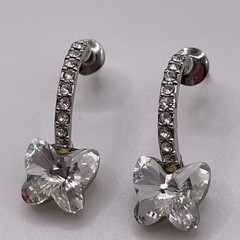 Earrings Butterfly Rhinestone Arch Curve Silver Tone Metal Pierced Jewelry