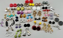 Vintage Clip Earrings Lot of 44 Mix Materials Enamel Lucite Glass Acrylic Stone