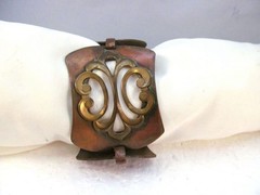 Vintage Wide Copper and Brass Art Nouveau Style Bracelet with Safety Chain