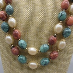 Vintage Hong Kong Necklace Mottled Beads Green Orange Simulated Pearl 19 Inch