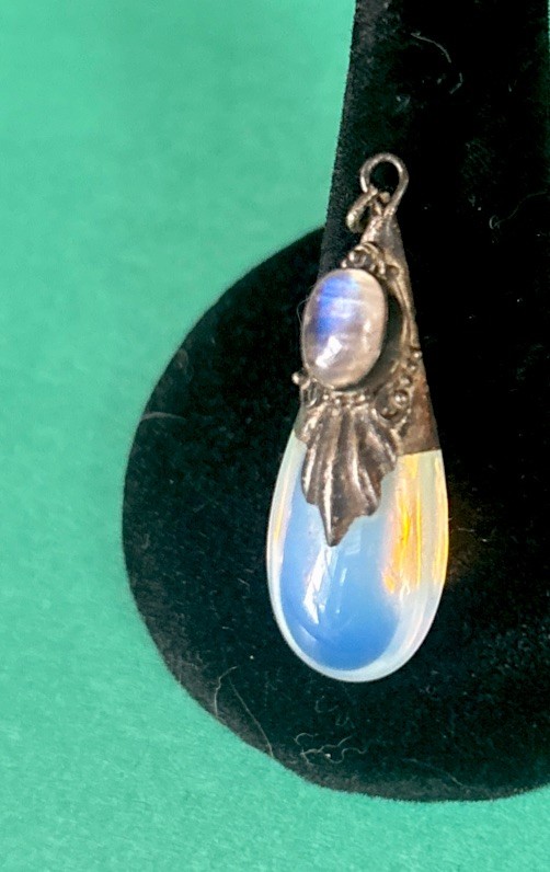 Vintage Sterling Silver Double Opalite Moonstone Drop Pendant Ornate Signed