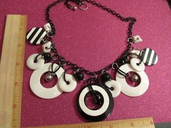 1980s Lucite & Metal Disk Charms Bells Glass Beads Necklace Black Enamel Chain