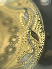 Victorian antique gold tone round brooch pin chain etched enamel flower design
