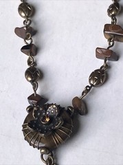 Tiger’s Eye Flower Stone Chip Brass Necklace Earring Set Signed NR Nancy & Rise
