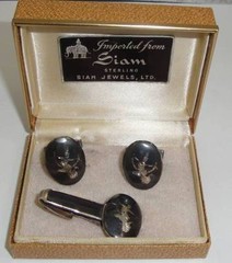 Vintage SIAM STERLING Silver Niello Cufflinks & Tie Clasp In Original Box Sgd BB