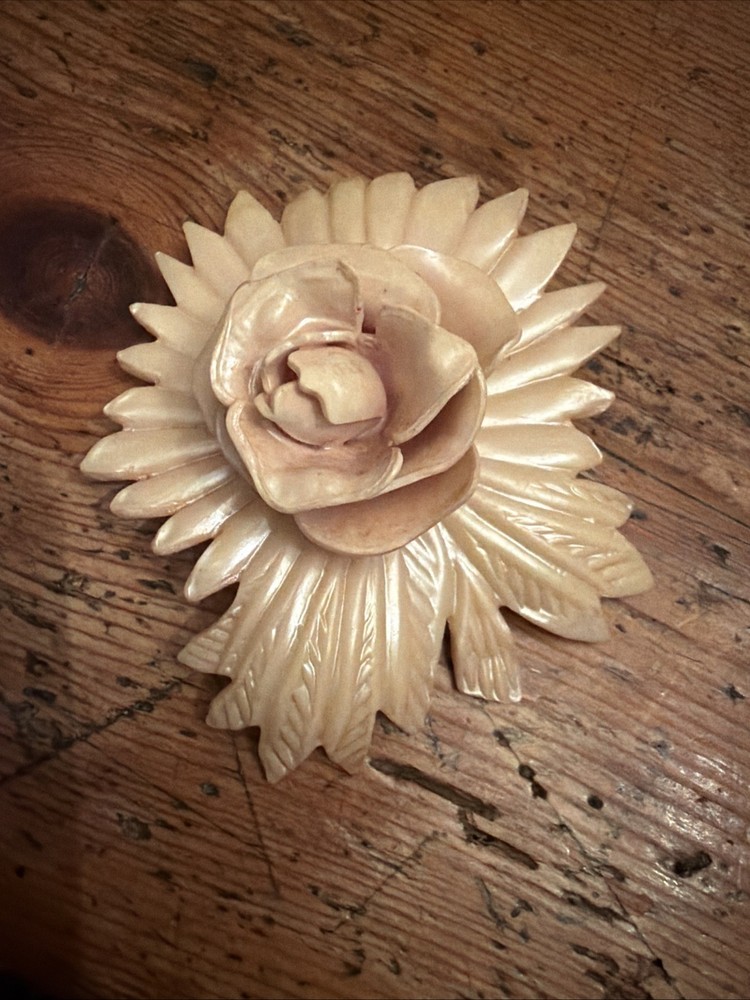 Vintage Hand Carved Ivory Celluloid Plastic Rose Flower Brooch Pin Dusty Rose